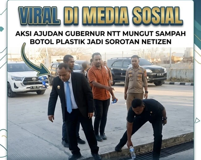Gambar sumber KupangBerita yang memperlihatkan pria membungkuk mengambil botol di dekat saluran air di Hansisi.