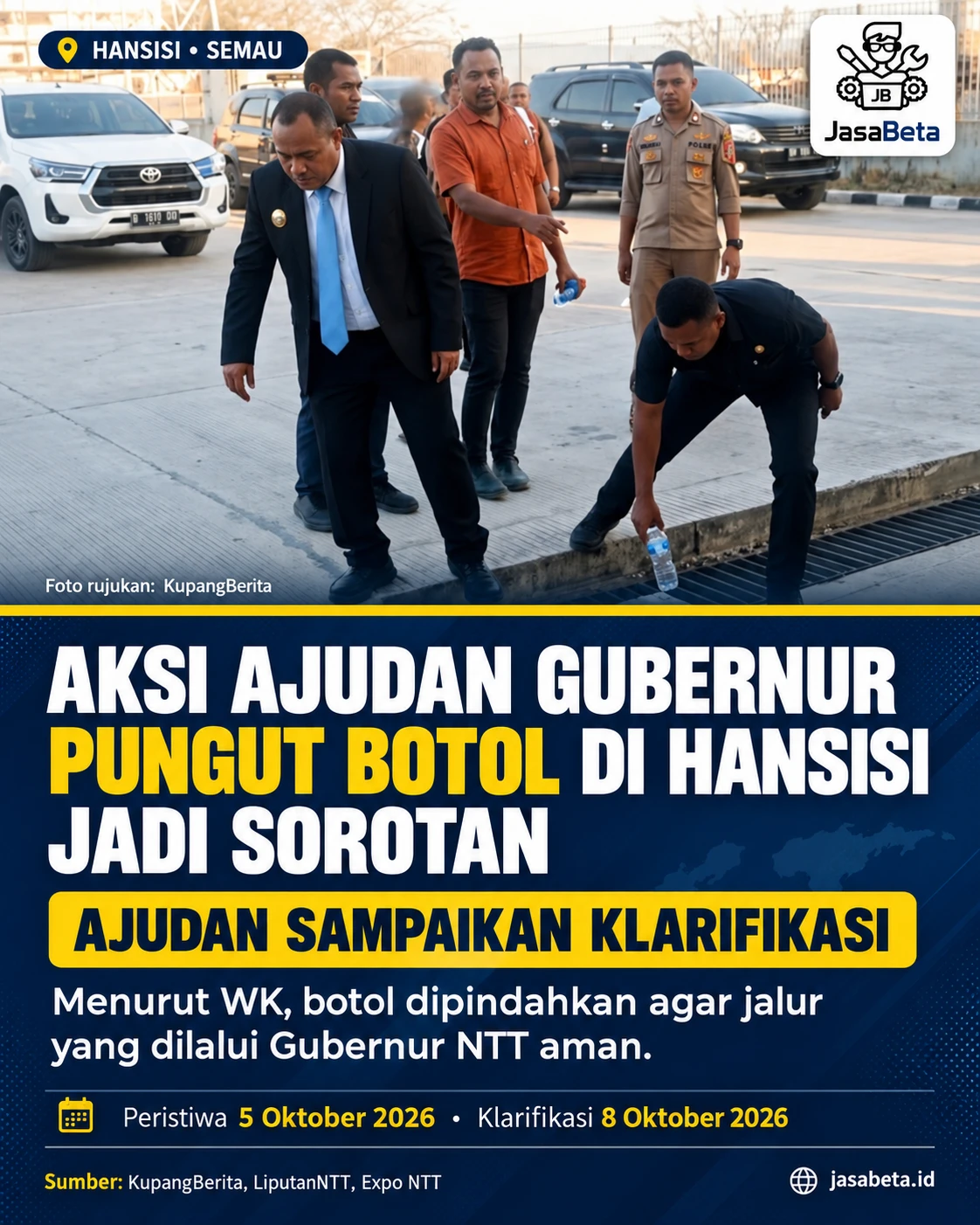 Grafis JasaBeta: aksi ajudan gubernur pungut botol di Hansisi jadi sorotan, disertai klarifikasi WK.