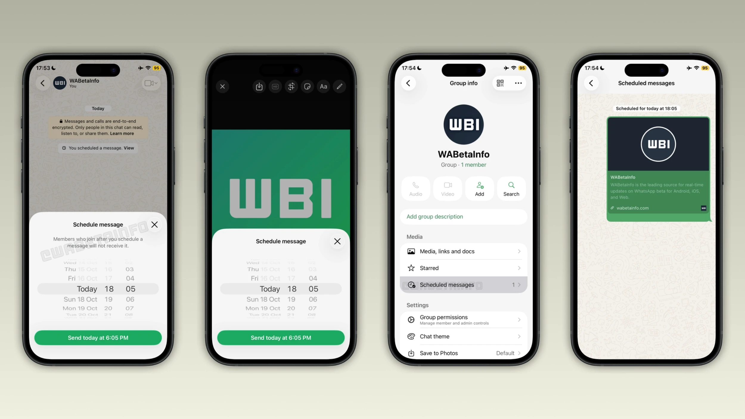 Tangkapan layar uji fitur pesan terjadwal WhatsApp iOS dari WABetaInfo.